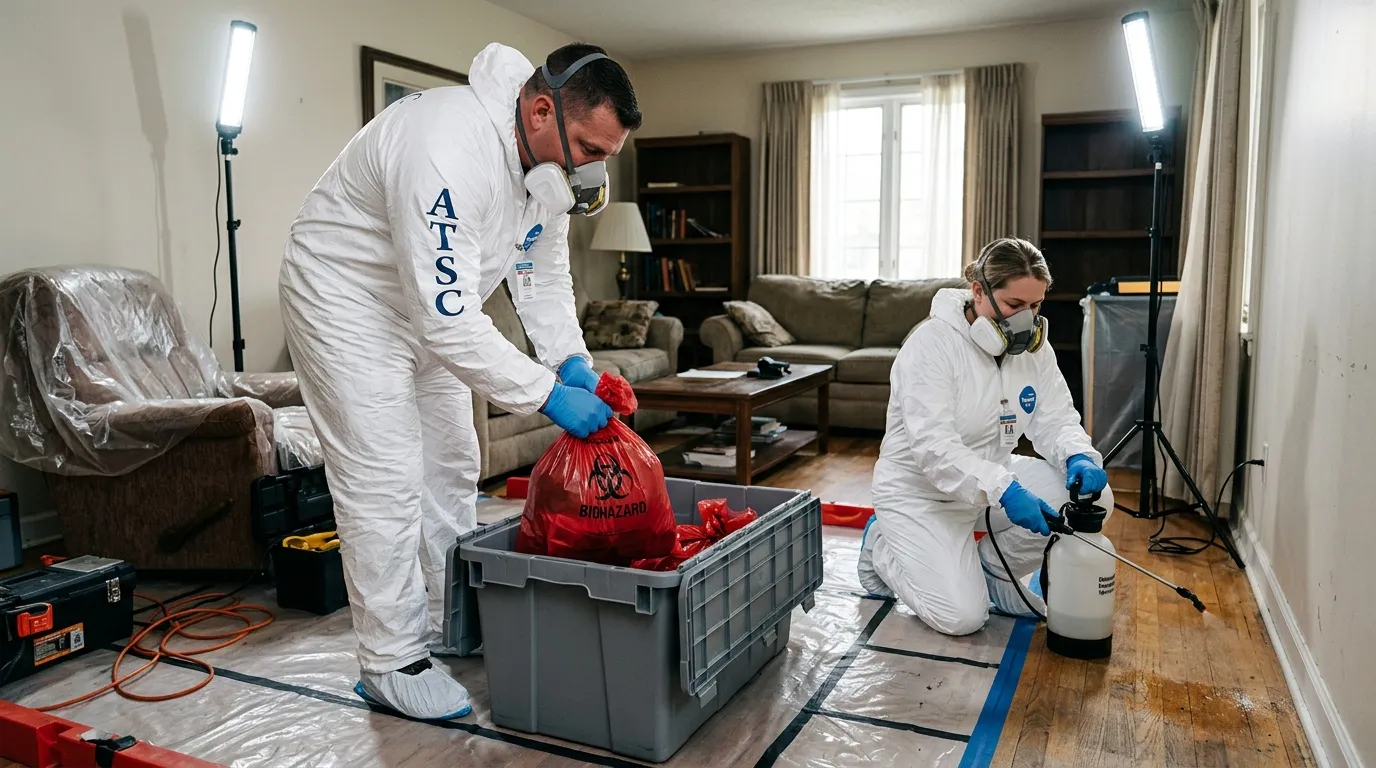 Professional Unattended Death Cleanup technician in full PPE working in Columbia